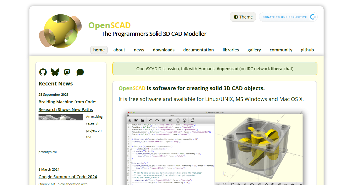 Screenshot of the OpenSCAD official website